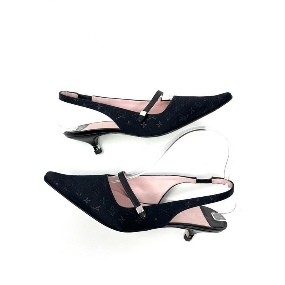 Vintage Louis Vuitton 90s Y2K Black Logo Monogram Slingback Kitten Heels 37.5 - Picture 5 of 12